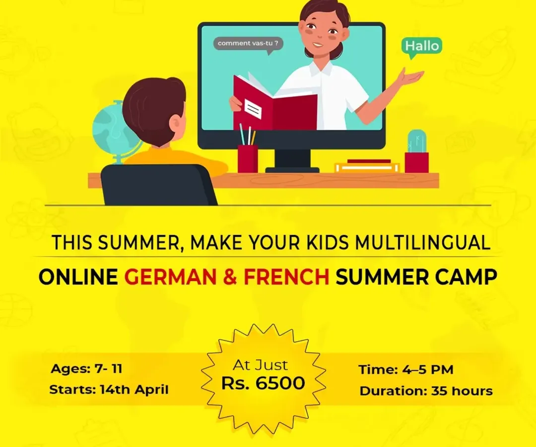 Give your child the gift of a new language with our online summer camp. This graphic details our German and French program for kids aged 7 to 11, including the 35-hour duration, live class format, and affordable pricing. It's a perfect way to introduce them to a new culture and skill.