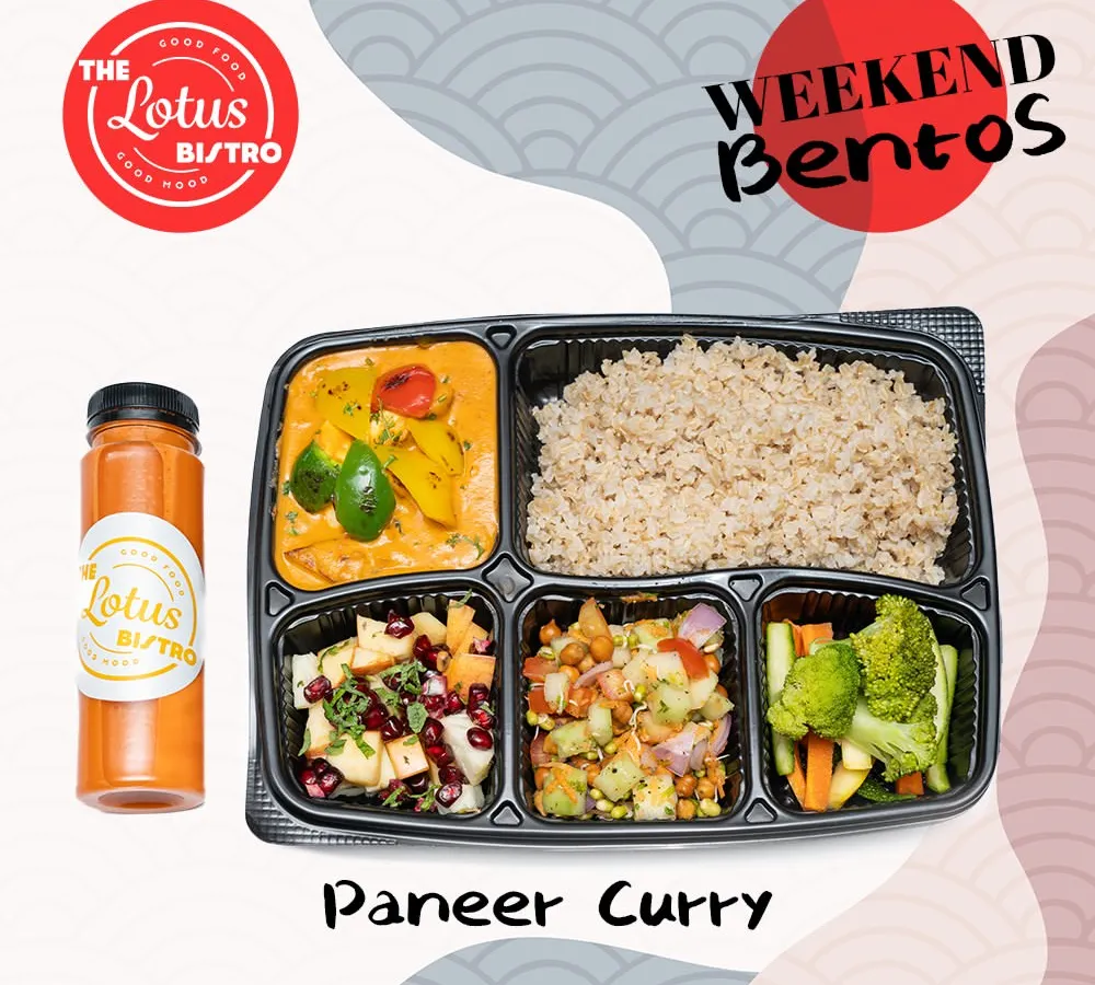 For our vegetarian patrons, we present the Paneer Curry Bento. This box includes soft paneer in a rich, flavorful curry, served with healthy brown rice, two different salads for variety, and our signature bistro beverage.