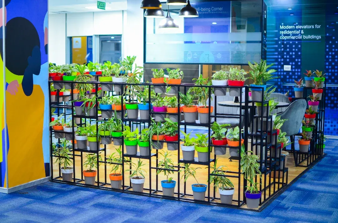 This is an example of a biophilic design I completed for a corporate client. The multi-tiered planter installation acts as a natural divider, introducing vibrant color and a variety of plant life to improve air quality and create a more dynamic workspace.