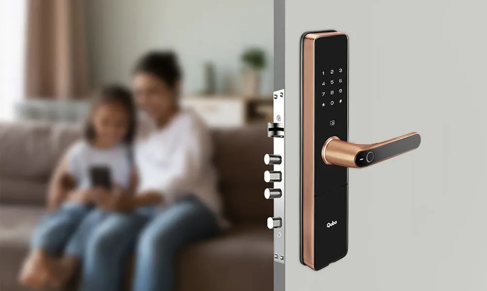 Secure your home with a modern smart lock that combines elegant design with robust security. This model features multiple access methods, including a fingerprint scanner and a digital keypad, shown here with its multi-point locking mechanism for enhanced protection.