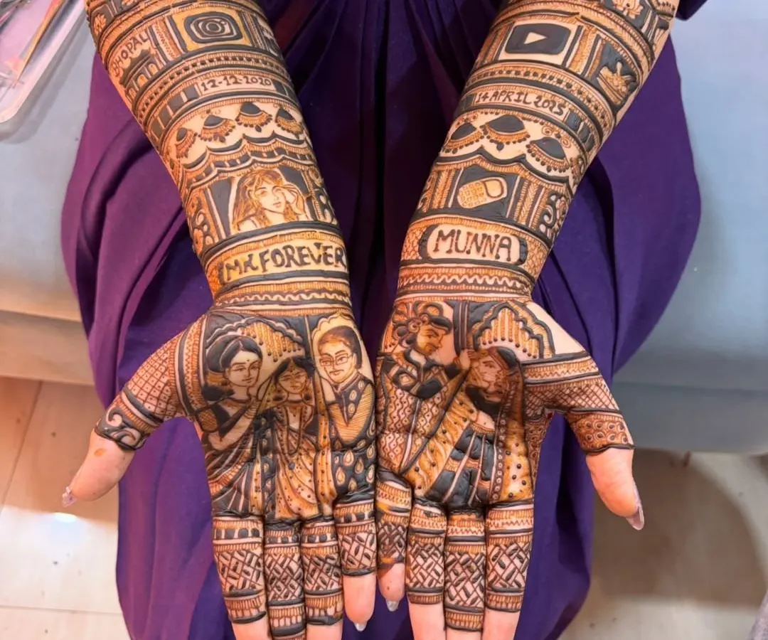 I can make your mehendi truly personal. This design includes custom couple portraits, the wedding hashtag, names, and even fun logos like Instagram and YouTube, reflecting the couple's unique story.