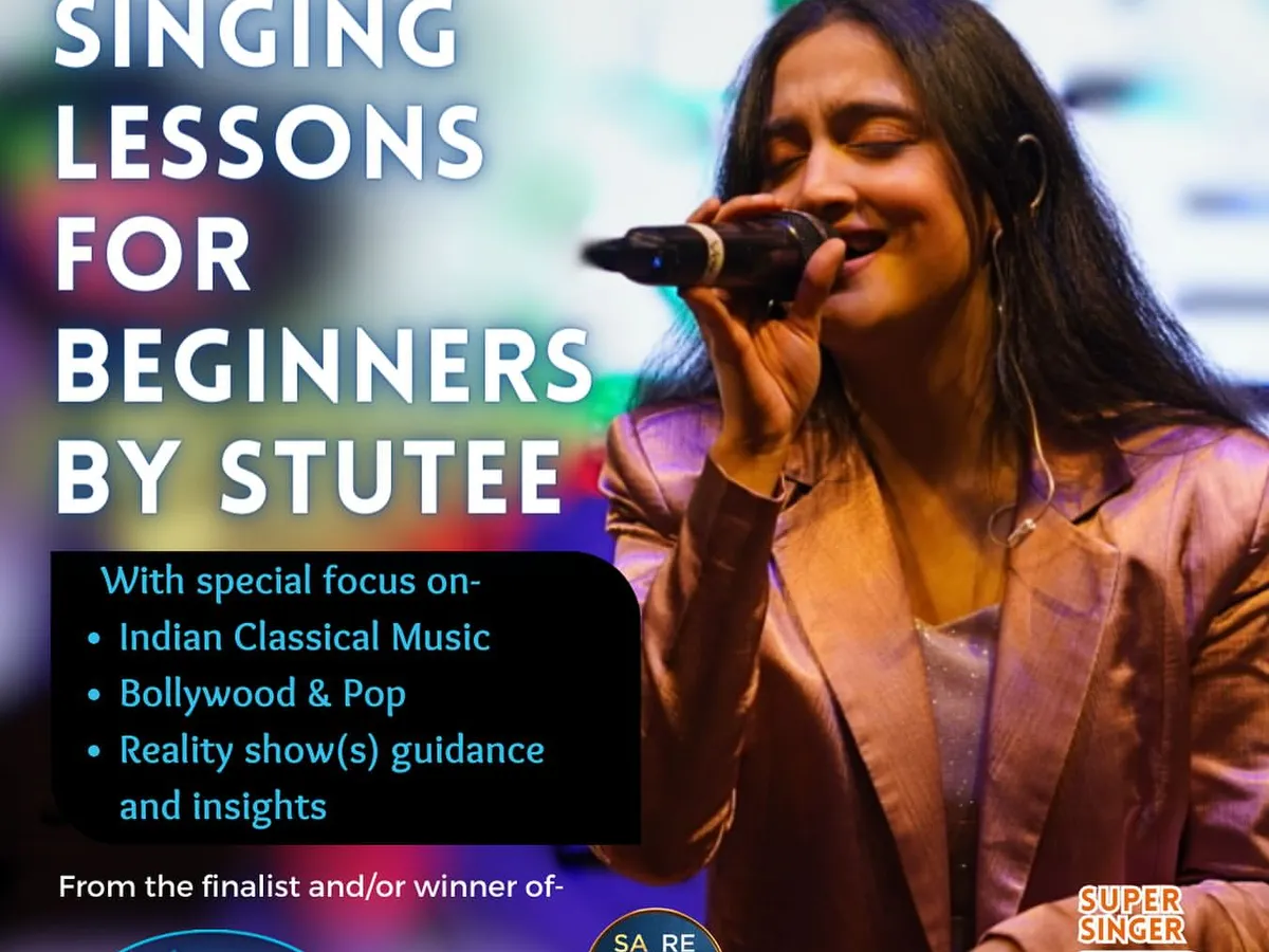 I offer personalized online singing lessons for anyone ready to start their musical journey. This poster outlines my core focus areas: building a strong foundation with Indian classical music, mastering Bollywood and Pop songs, and providing practical guidance for reality show auditions based on my own experience.