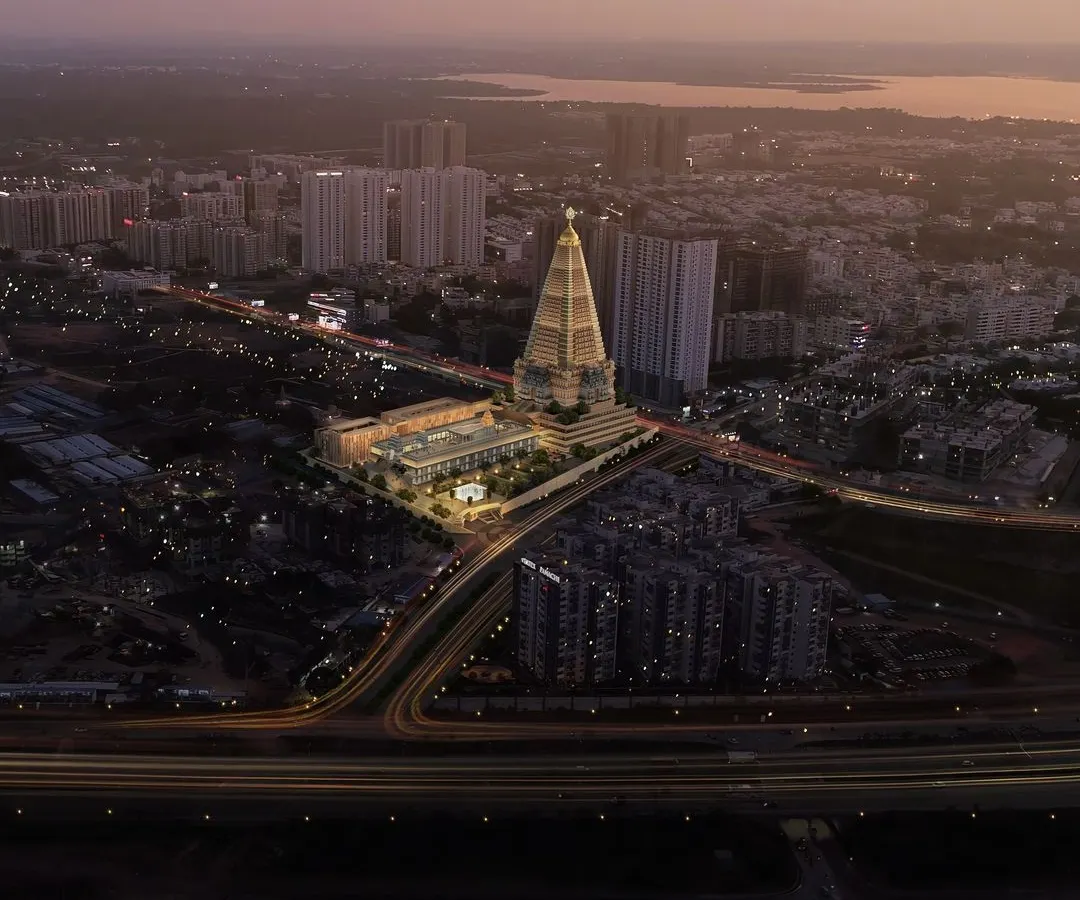 The Hare Krishna Tower in Hyderabad, captured here at dusk, is a project that redefines the city's skyline. Our design for this spiritual and cultural high-rise blends contemporary architecture with traditional purpose, creating an iconic landmark for the community.