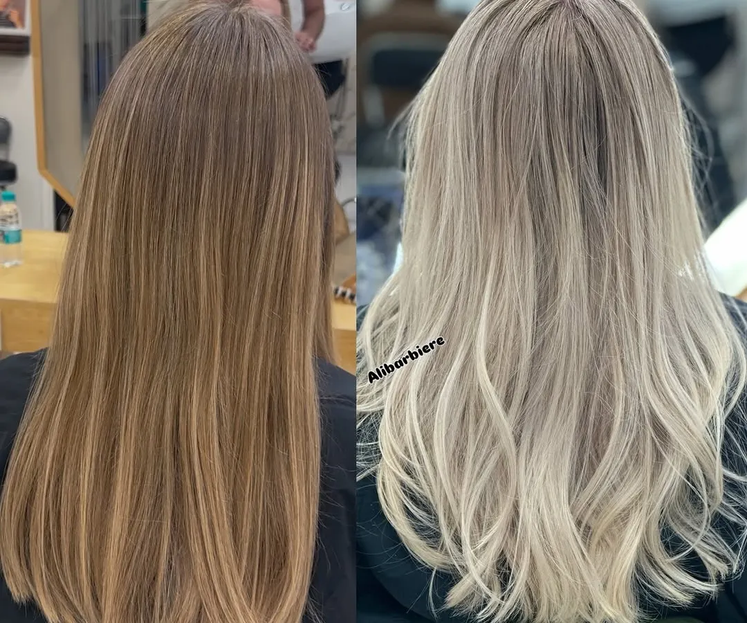 Here’s a perfect example of a journey to a clean, pure blonde. On the left, you see the warm, faded color before. On the right, a healthy, vibrant, and perfectly toned blonde balayage with zero shortcuts.
