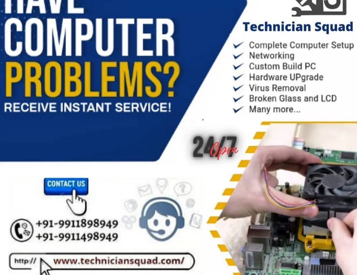 Facing computer troubles? We provide instant and effective solutions. This graphic highlights some of our core on-site services, from complete computer setup and hardware upgrades to virus removal and fixing broken screens, all available 24/7.