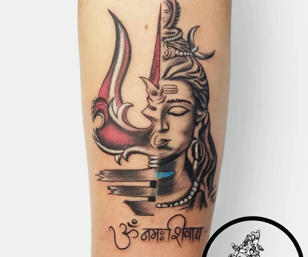 We specialize in transformative cover-ups, like this powerful Mahadev piece. We worked with the client to completely hide an old tattoo with a design that represents strength and divinity, combining detailed portrait work with the iconic Trishul and Om Namah Shivay script.