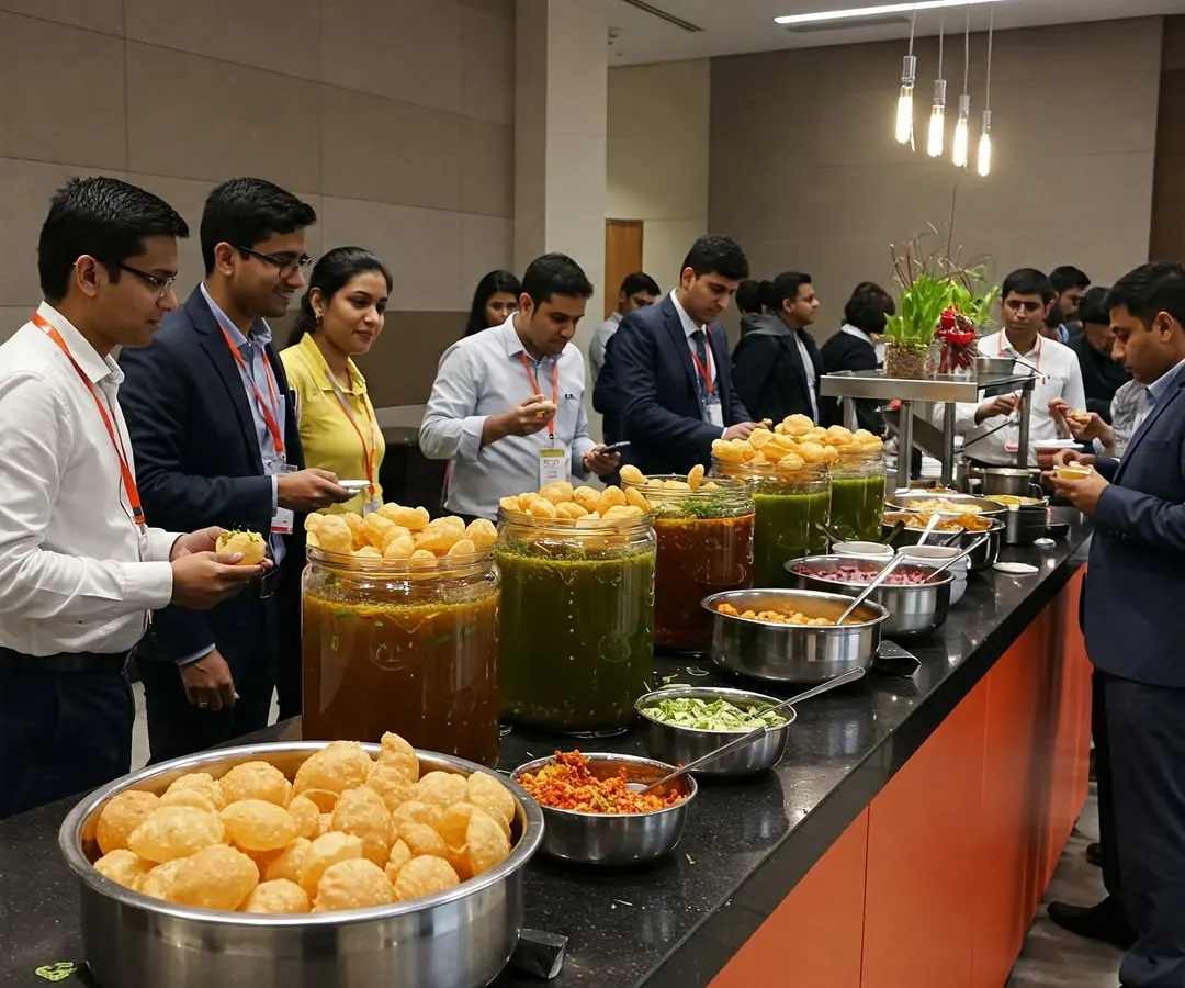 We love seeing guests gather and connect at our live counters. This interactive pani puri station at a corporate event shows how our food becomes a central point of engagement and enjoyment.