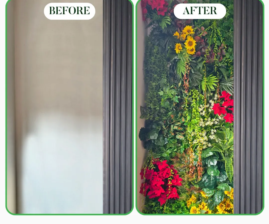 The power of a green wall is clear in this before and after. I transformed a plain, empty wall into a vibrant, artistic feature using a custom arrangement of colorful artificial plants, instantly adding life and character to the room.