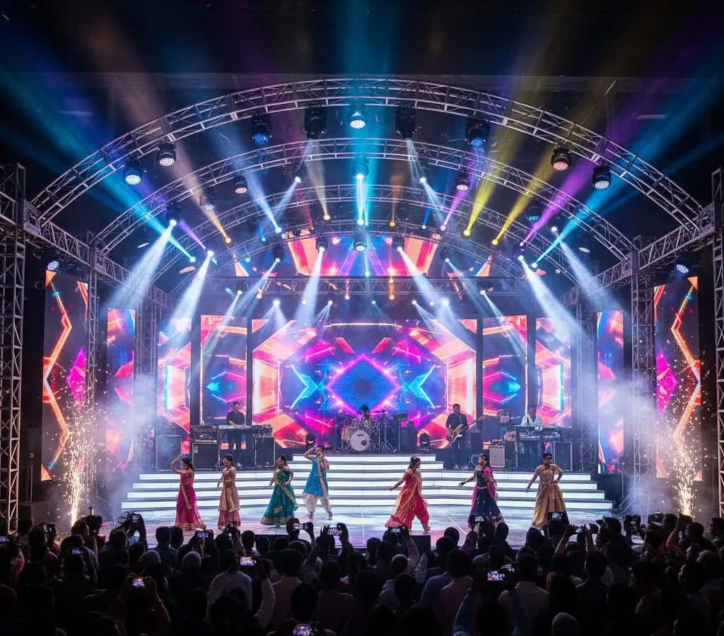 We bring the energy with high-impact Sangeet stages complete with professional trussing, dynamic LED screens, and concert-level lighting. This setup is perfect for accommodating live bands and dance performances, ensuring your Sangeet night is an electrifying celebration.