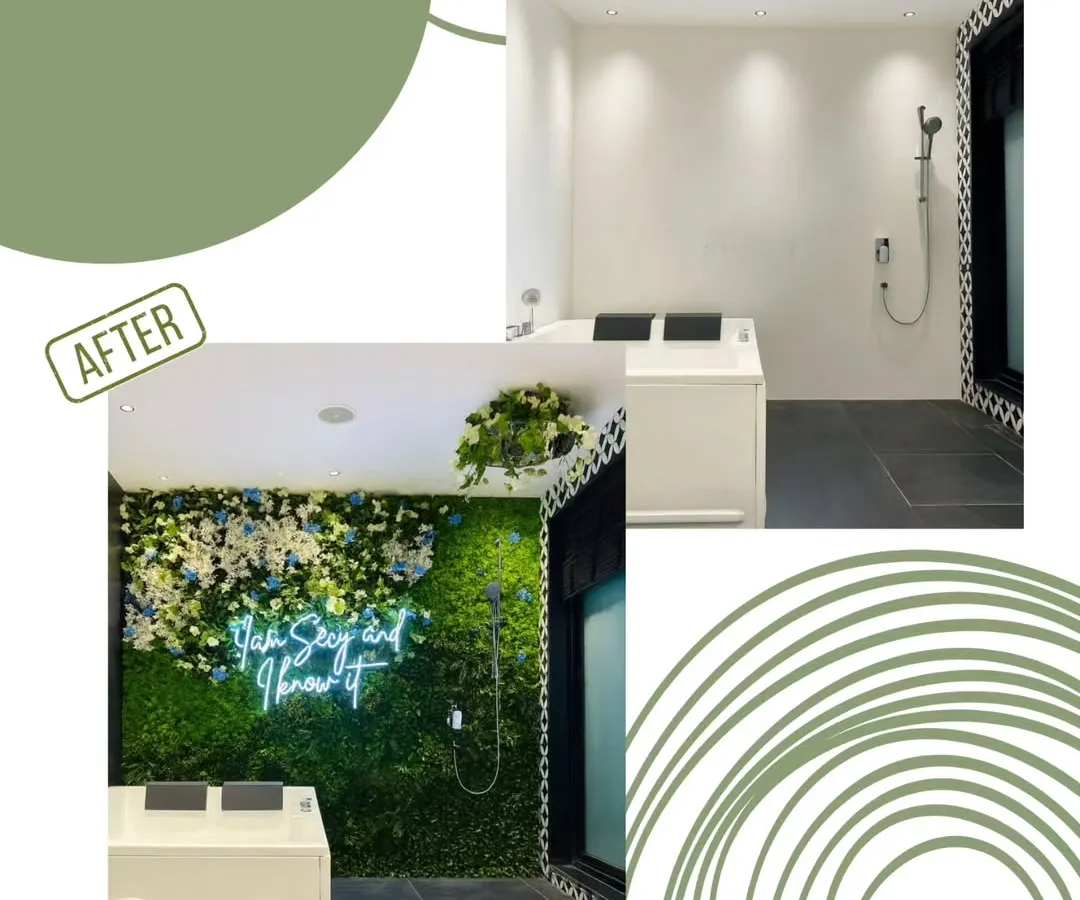 From a plain white wall to a personal sanctuary. This before-and-after shows how a custom artificial green wall, complete with a neon sign, can completely redefine a space, turning a simple bathroom into a stylish escape.
