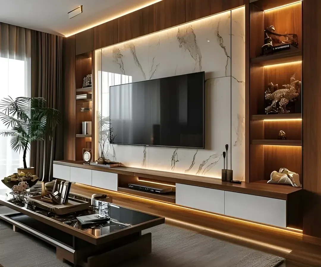 This is a great example of our high-end entertainment units. We combined a floor-to-ceiling marble-finish backdrop with warm, recessed LED lighting to create a luxurious and modern living room centerpiece. The design includes a floating console with closed storage and open, backlit shelves for displaying decor.