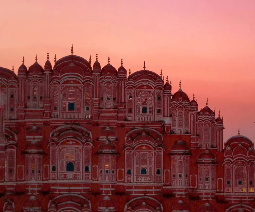The Hawa Mahal in Jaipur during sunset. I waited for this light to capture the city's famous pink architecture as it blushed under the evening sky, a moment that feels like a dream.