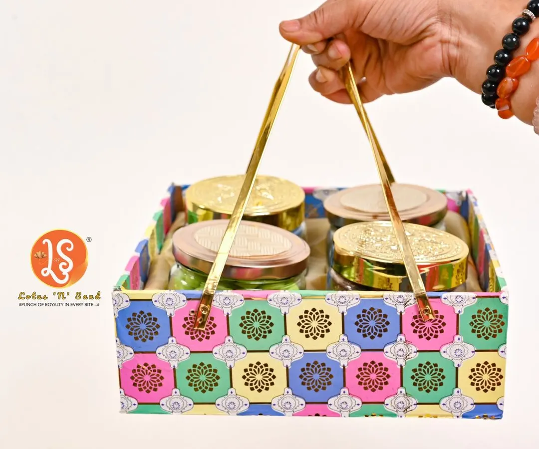 To give customers a real-world sense of your product, I often incorporate a human element. This shot shows a vibrant, multi-colored gift hamper being held, helping potential buyers visualize its size and imagine it as the perfect gift. This style is great for social media marketing.