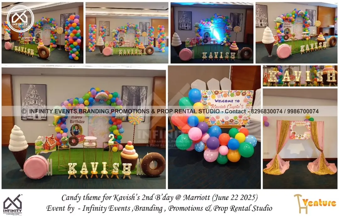 Welcome to a candy wonderland we created at the Marriott. This vibrant Candyland theme features oversized candy props, a colorful balloon arch, and whimsical details, perfect for a sweet and memorable second birthday party.
