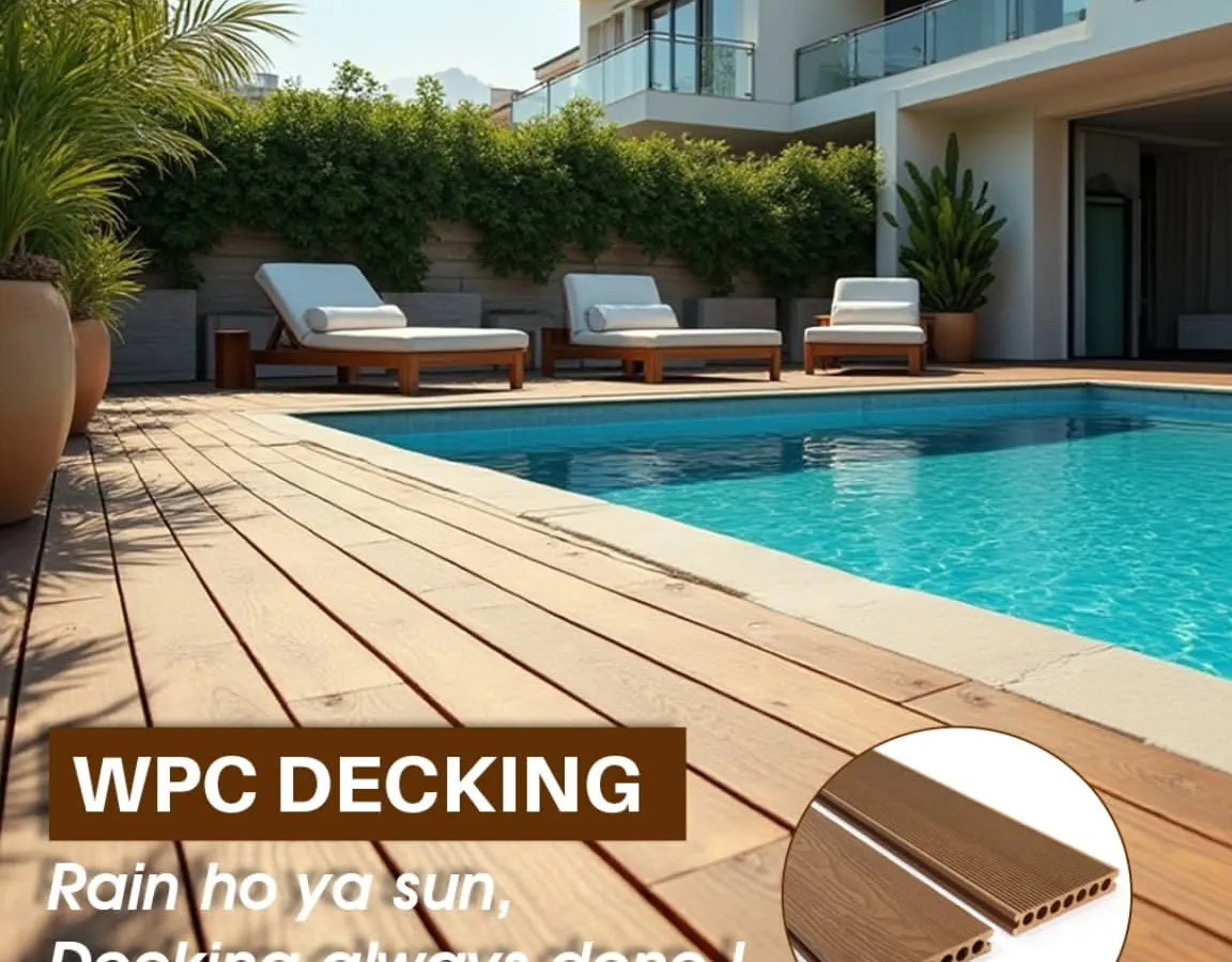 This is the dream poolside setup. I used my premium WPC decking planks here to create a luxurious, slip-resistant, and completely waterproof deck. It has the warm look of natural wood but is built to withstand sun and water without any fuss, making it perfect for creating a private resort feel at home.