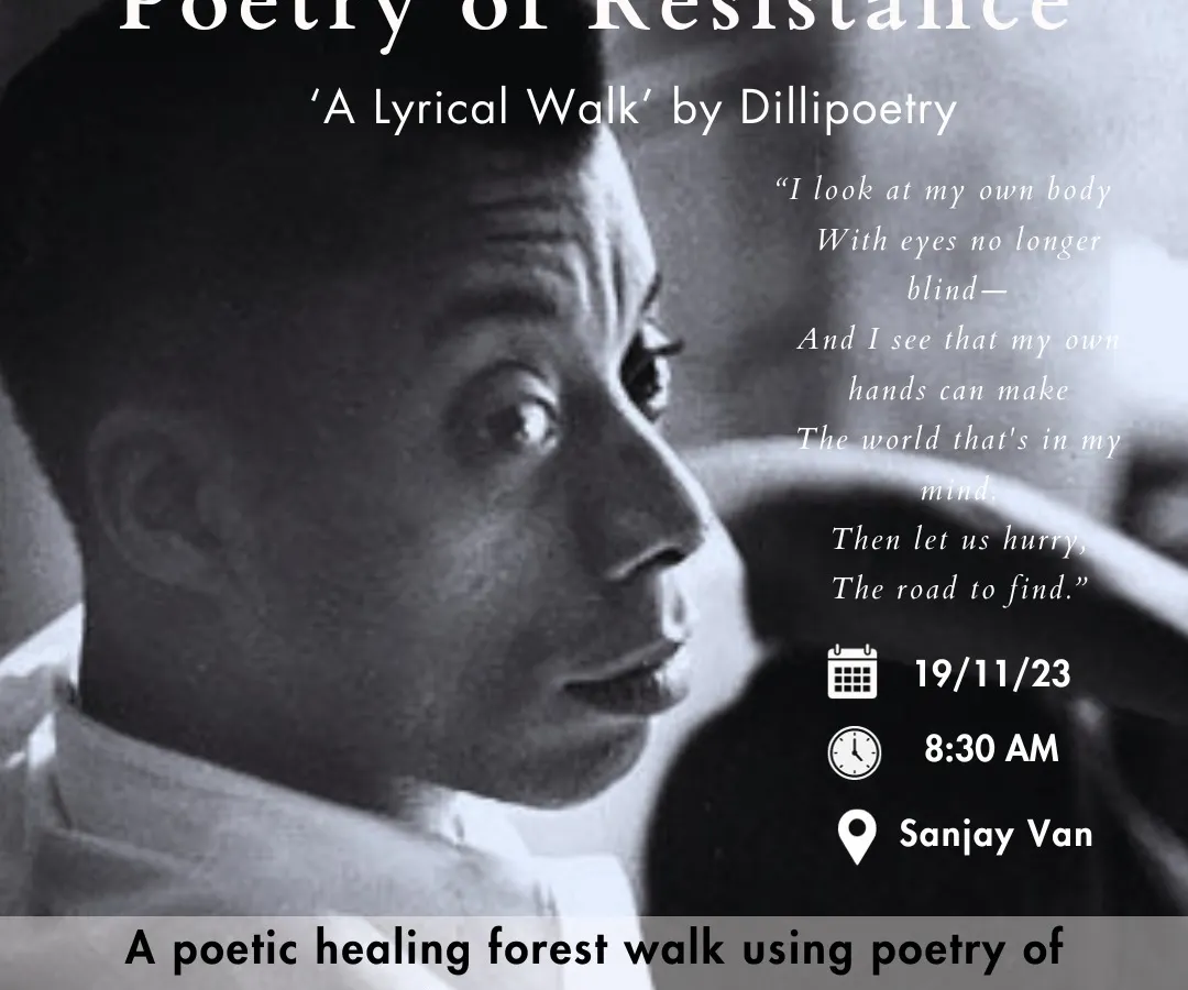 A poster for one of my 'Lyrical Walks' focused on the Poetry of Resistance. These walks combine the healing power of nature with the stirring words of poets like James Baldwin, using the forest as a space for reflection on resilience and social change.