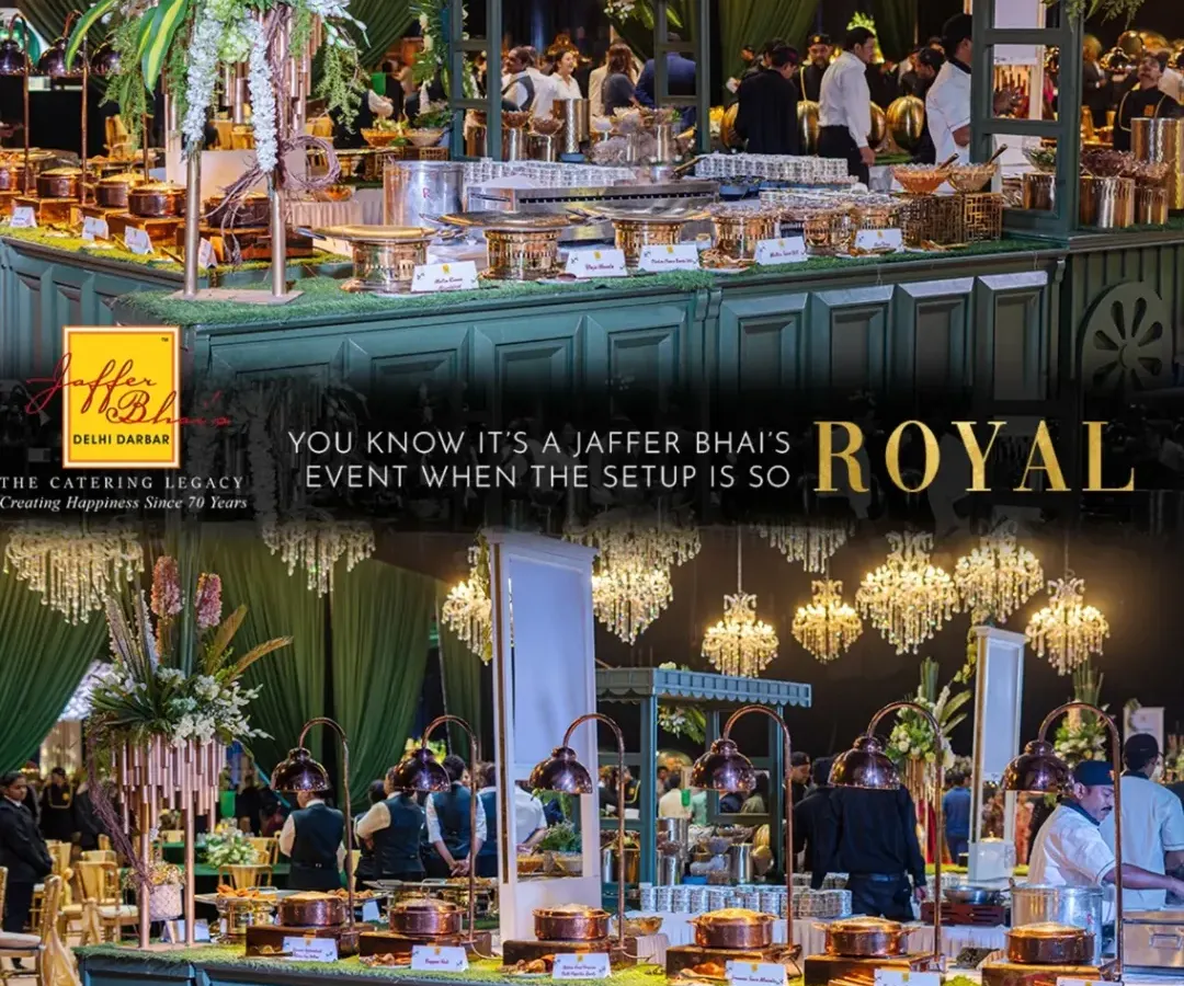 A glimpse of the royal buffet setup we are known for. We believe the presentation of food is as important as its taste, with grand counters, elegant chafing dishes, and floral arrangements creating a feast for the eyes before the first bite.