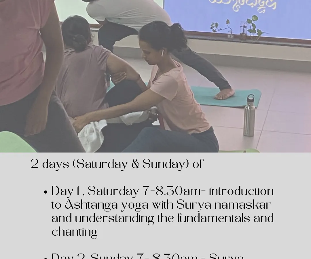 This is an invitation to one of my weekend workshops. Day one focuses on introducing Ashtanga yoga fundamentals like Surya Namaskar and chanting. On day two, we go deeper into the primary series and the theory behind the lineage of my Guruji, Sharath Jois.