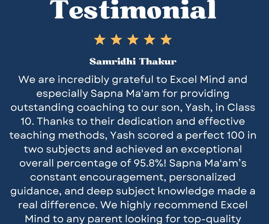 Results like these are what drive us. We received this wonderful feedback from Samridhi Thakur, whose son Yash scored a perfect 100 in two subjects and an overall 95.8% in his Class 10 exams. Our personalized guidance and effective teaching methods are designed to make a real difference.