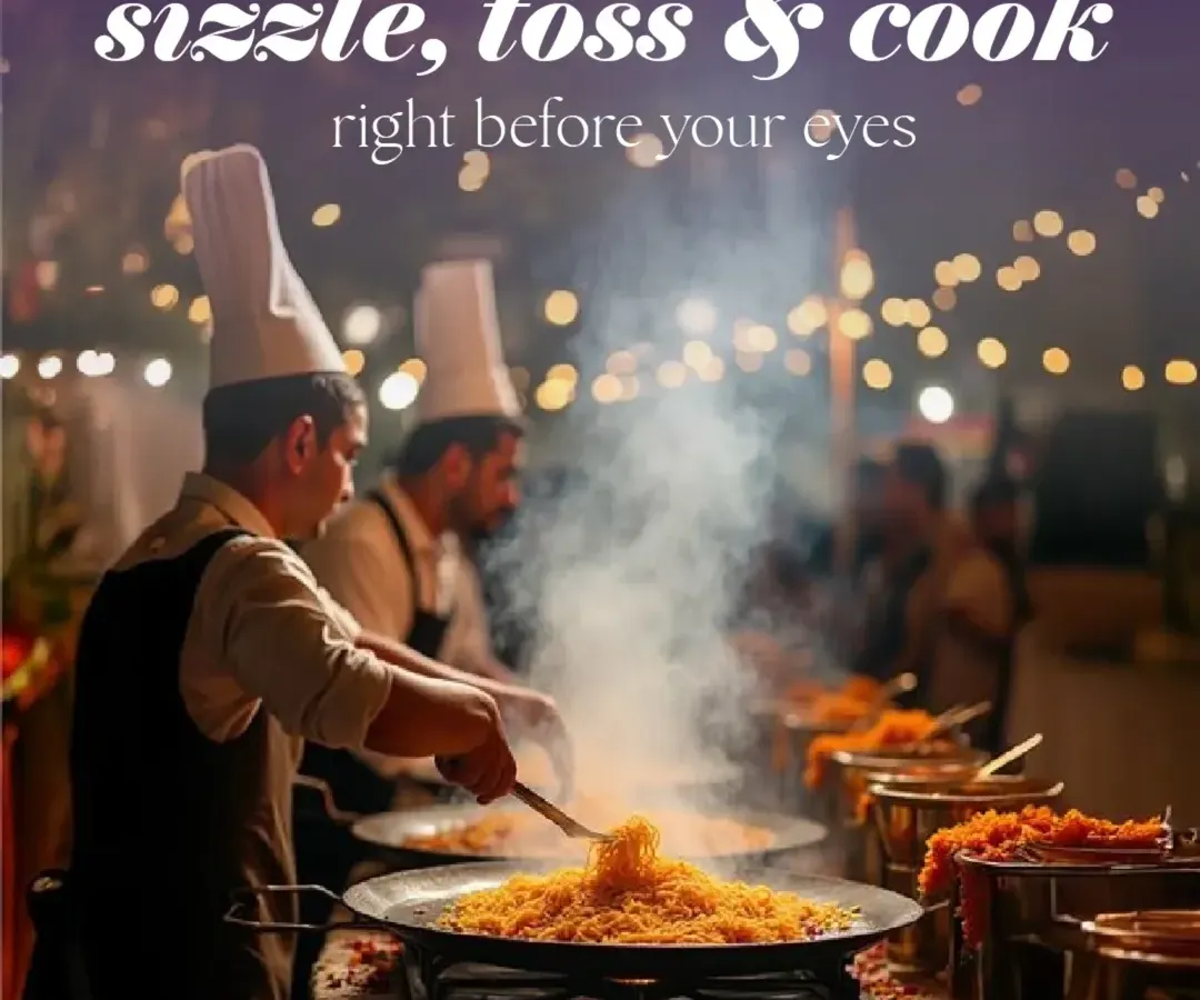 There's nothing like food cooked fresh right before your eyes. Our live food counters, like this sizzling noodle station, add an interactive and delicious element to any party, ensuring your guests get an experience, not just a meal.