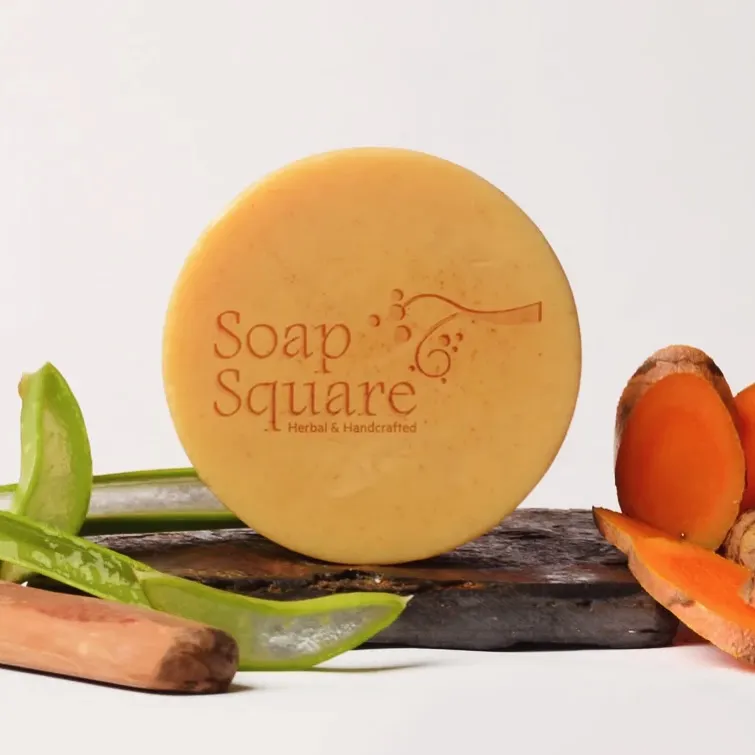 This is our Sandalwood and Turmeric soap, a traditional recipe for skin brightening. It’s made with kokum butter to help even out skin tone and reduce tanning, giving you a natural glow.