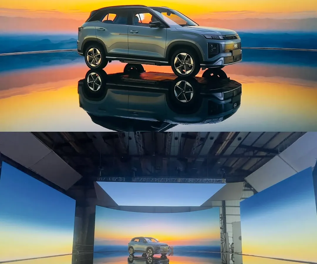 For this Hyundai Creta commercial, we utilized our advanced virtual production services. The bottom image shows our LED wall setup creating a hyper-realistic salt flat environment, while the top image is the final, seamlessly integrated shot of the car.