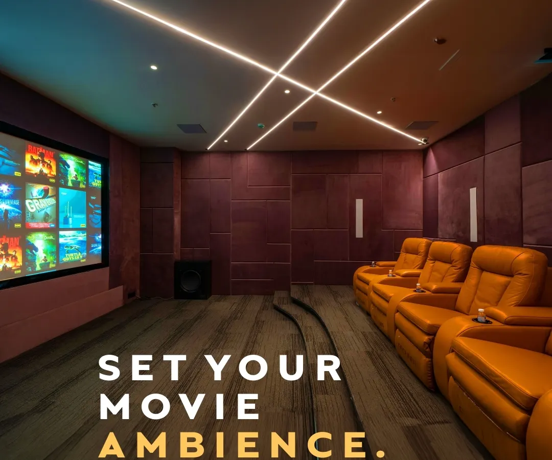 I design home theaters that are all about atmosphere. This setup features plush recliner seating and fully automated ambient lighting, allowing you to create the perfect movie-watching mood with a single touch.