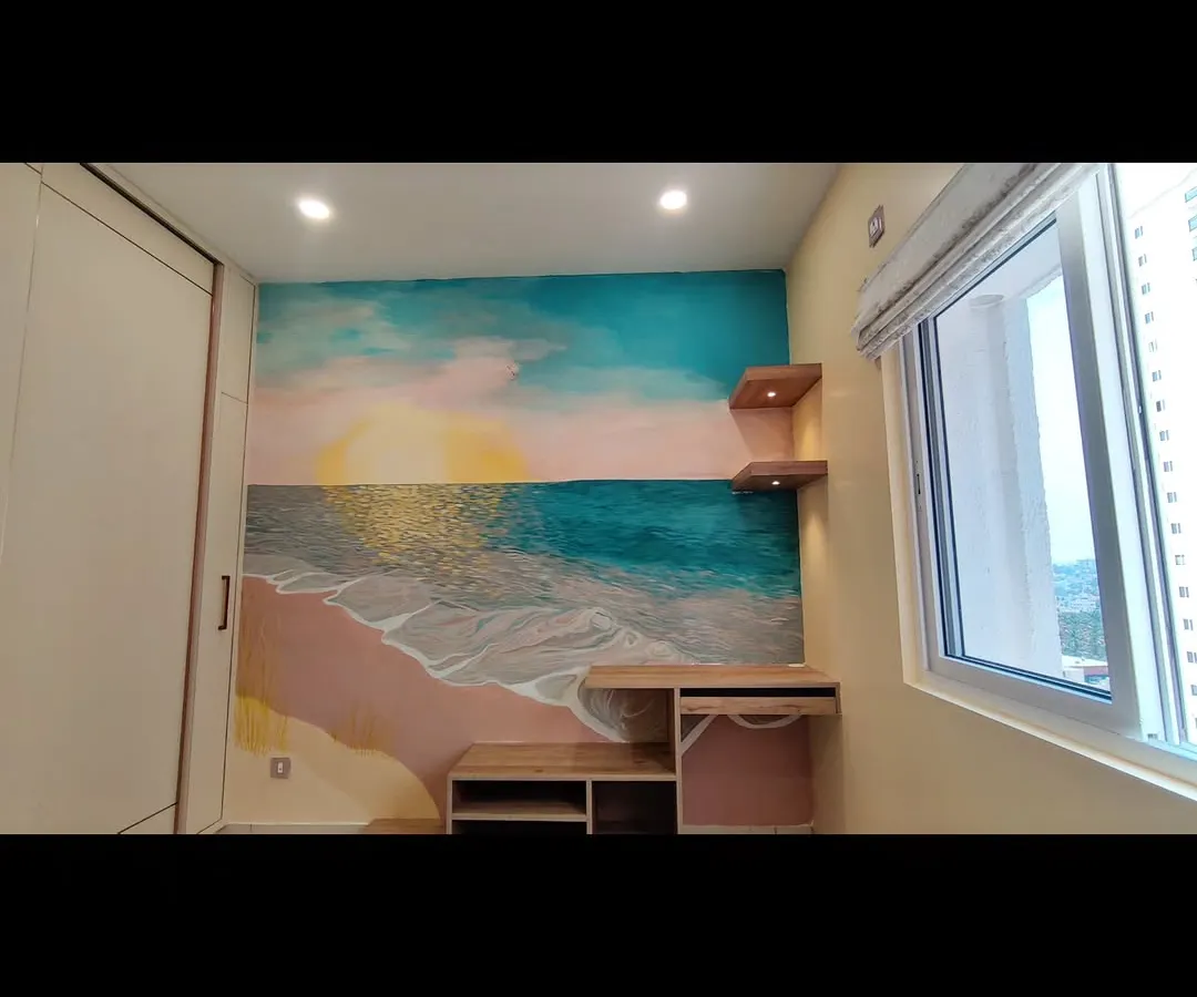 Waking up to a dreamy seascape every morning. I painted this custom mural to bring a sense of calm and the gentle motion of the ocean into a bedroom, creating a peaceful personal retreat.