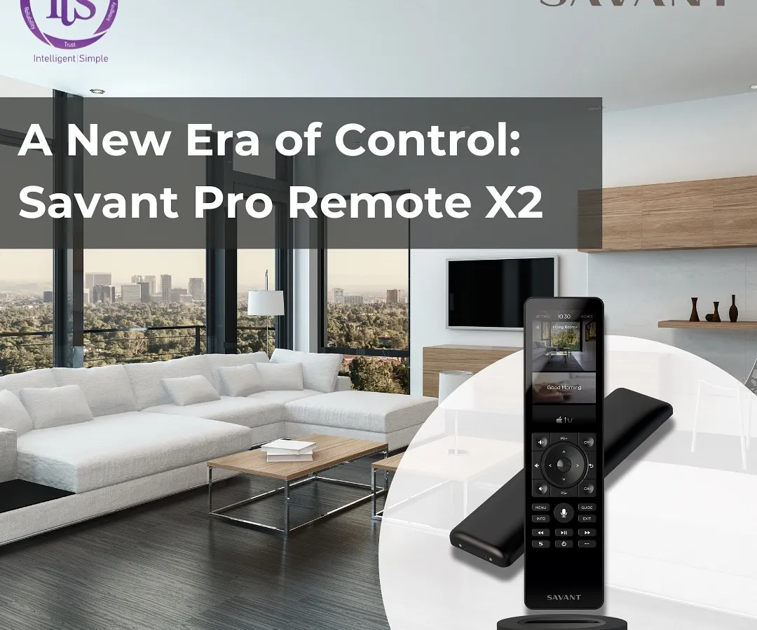 The Savant Pro Remote X2 is displayed in a modern, luxurious living room, showcasing how our technology blends seamlessly with high-end interior design. This single remote offers personalized control over your entire home environment.
