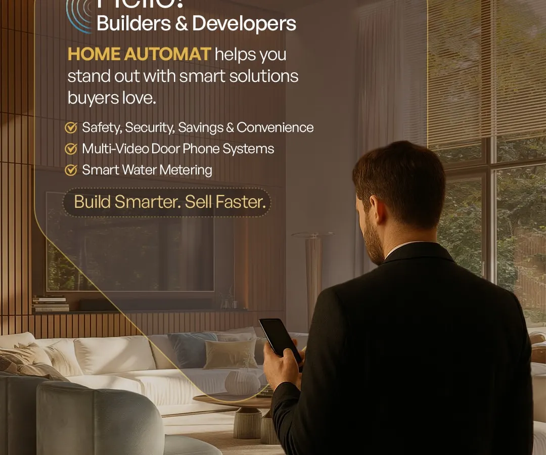 We help builders and developers integrate the smart features that buyers demand, including multi-video door phones and smart water metering. A resident is shown here effortlessly managing their home environment from a smartphone.