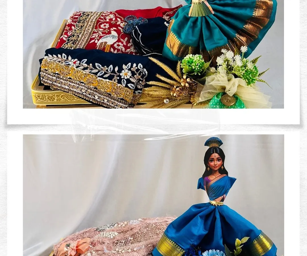 We love blending tradition with a creative twist. Here, we've artfully draped beautiful sarees to create these doll-like figures, turning a traditional trousseau gift into a memorable work of art for a Teej celebration.