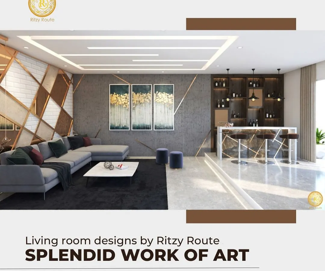 Here is a living room that blends comfort with high-end style, featuring a custom bar area for entertaining. I focused on creating a cohesive space with a geometric accent wall, luxurious materials, and integrated lighting to craft a splendid work of art that is also a welcoming home.