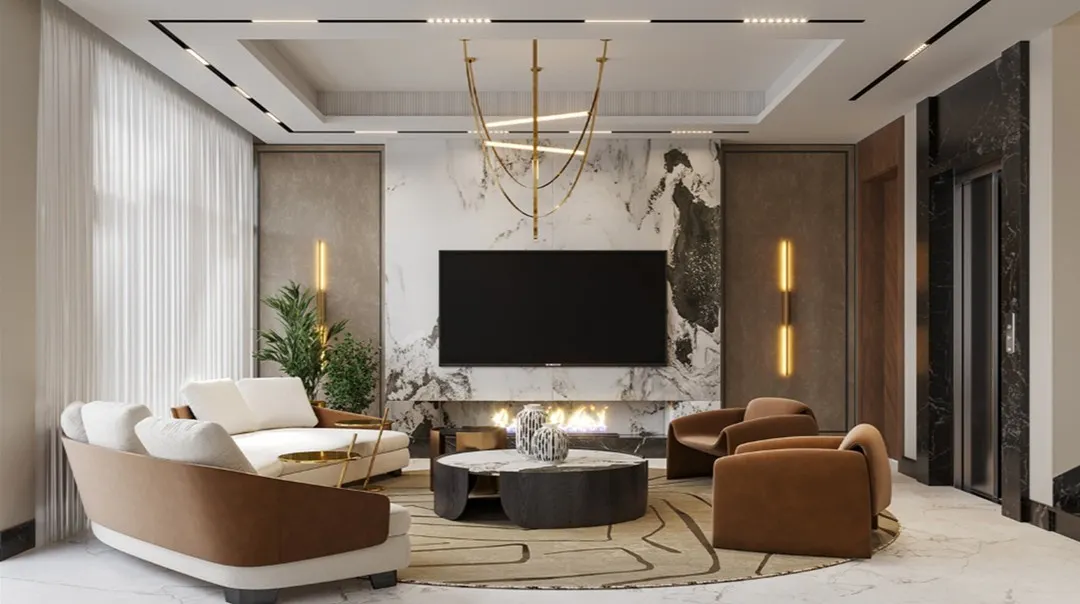 I believe a living room should be a statement of comfort and elegance. In this space, I combined a dramatic marble feature wall with warm, layered lighting and plush, custom-curved sofas to create a luxurious yet welcoming atmosphere for family and guests.