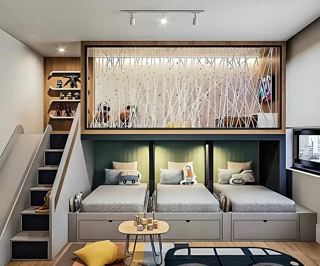 This is one of our favorite projects, a space-saving bedroom designed for three children. We used a multi-level layout with three separate beds, each with its own under-bed storage drawer, and a unique loft play area to maximize floor space for fun and games.