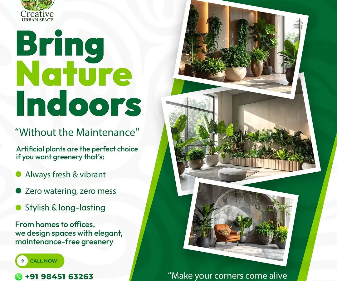 Wondering about upkeep? We offer stunningly realistic artificial greenery for a beautiful, maintenance-free solution. This collage highlights how our high-quality artificial plants can bring lasting vibrancy to any indoor space, from office corners to reception areas, with zero watering or special care required.