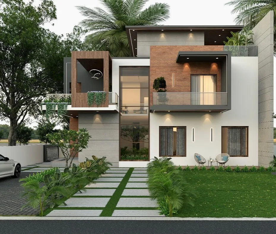 This is a vision of modern suburban living where the landscape and architecture are one. I designed the exterior with a multi-layered facade using wood, stone, and clean white planes. The landscaping complements this with structured pathways cutting through a manicured lawn, creating a bold, graphic statement that is both beautiful and functional.