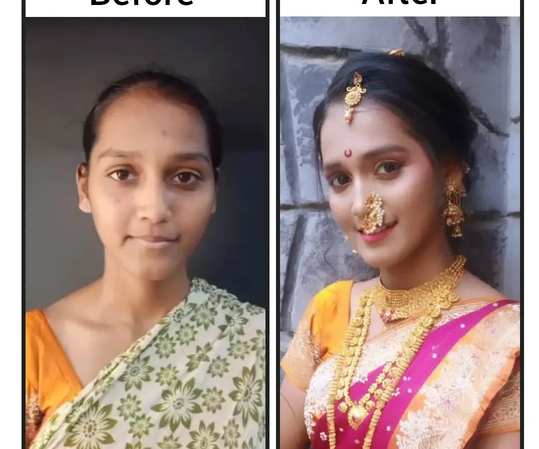 The power of a great makeover. This before and after shows a complete transformation into a traditional bride, showcasing how the right makeup and hair can make you feel absolutely radiant and confident.