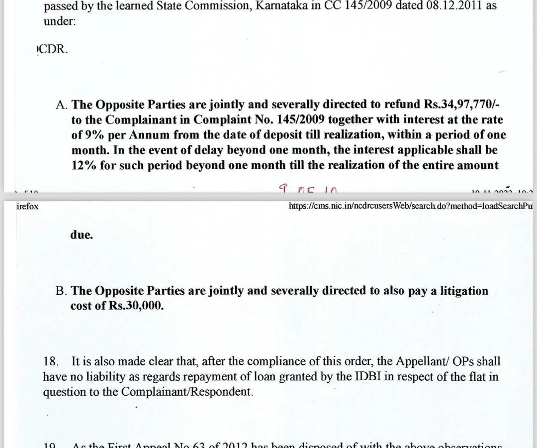 This is the official NCDRC order that secured justice for my client. The court directed the opposing party to refund nearly 35 lakhs plus interest, bringing a successful conclusion to a case that started in 2009.
