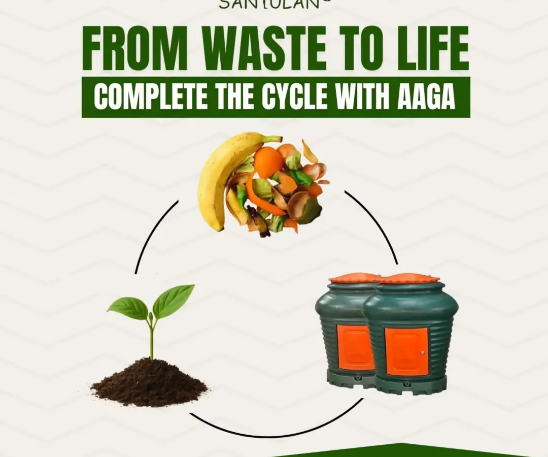 I love this visual because it shows the beautiful, complete cycle of nature that we can create right in our homes. Your kitchen scraps go into an Aaga composter, break down naturally, and become nutrient-rich soil to grow new life. It’s how we turn waste into a resource.