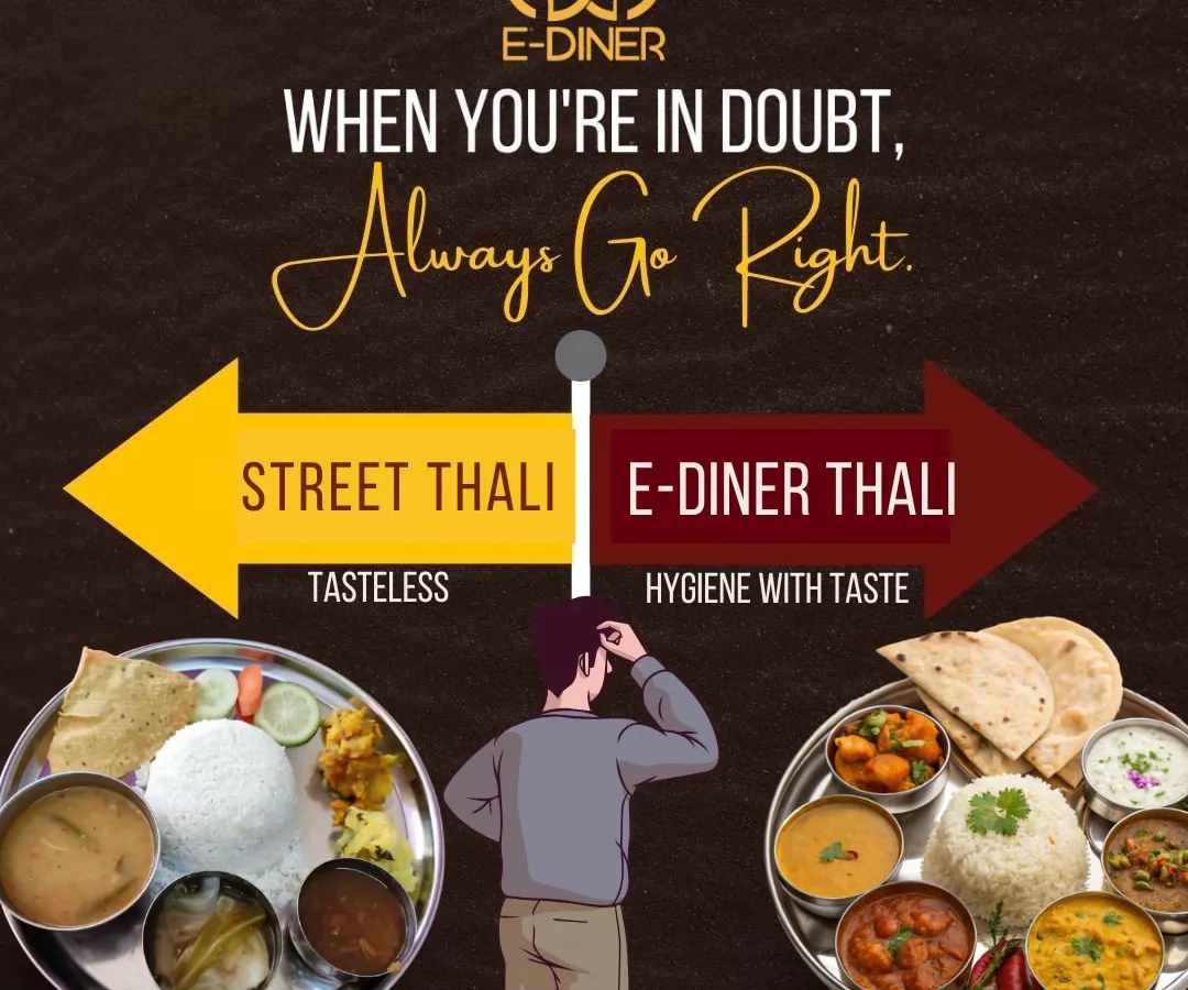 When you're tired of tasteless and unhygienic street food, we are the right choice. Our E-Diner thali guarantees hygiene with taste, giving you that satisfying ghar ka khana experience you crave.