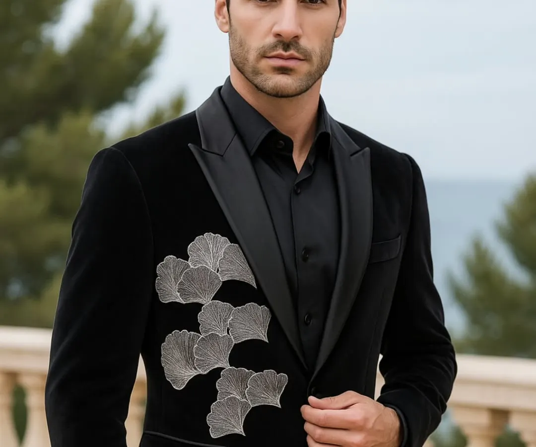 I love creating pieces that feel both classic and modern. This black velvet bandhgala jacket, with its intricate silver leaf embroidery, is designed for a man who appreciates the art of detail and wants to make a sophisticated statement at a cocktail or reception event.