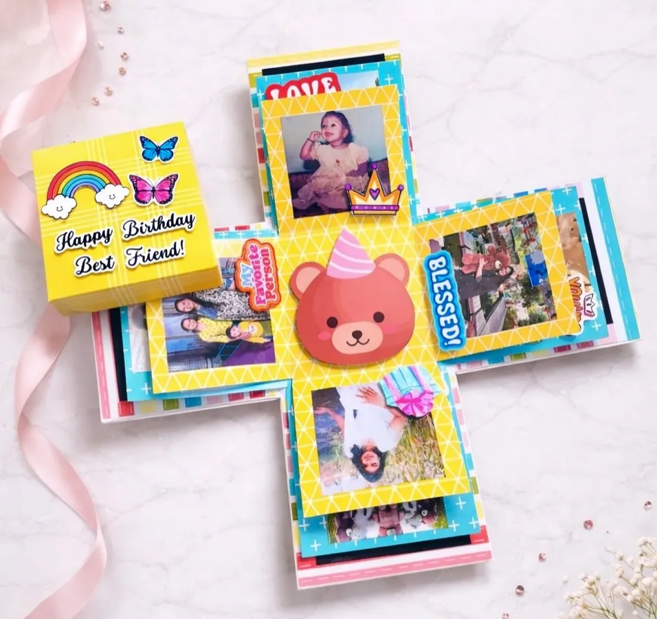 A burst of happiness for a best friend's birthday! This explosion box is one of my favorites to create. When you lift the lid, the sides fall down to show off your favorite photos and messages, making it a surprise that keeps on giving.