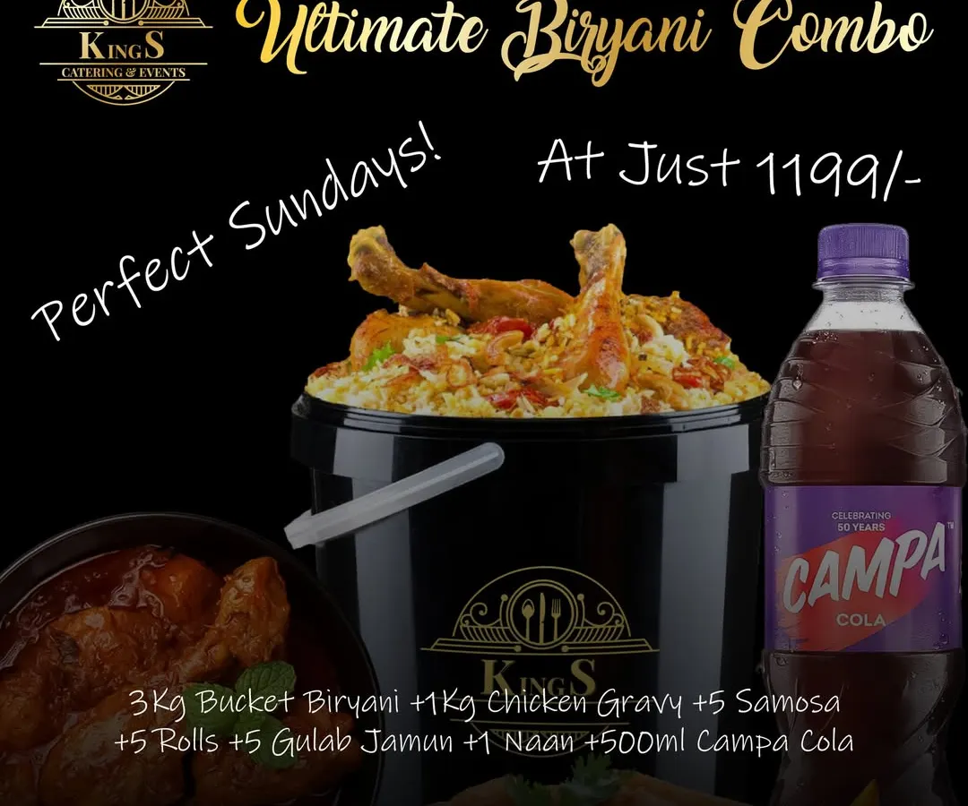 Here’s the deal that makes your Sundays perfect. My Ultimate Biryani Combo is a complete meal for the whole family. It includes a 3kg Bucket Biryani, 1kg Chicken Gravy, 5 Samosas, 5 Rolls, Gulab Jamun, Naan, and a Campa Cola, all for just ₹1199. No cooking, just pure enjoyment.