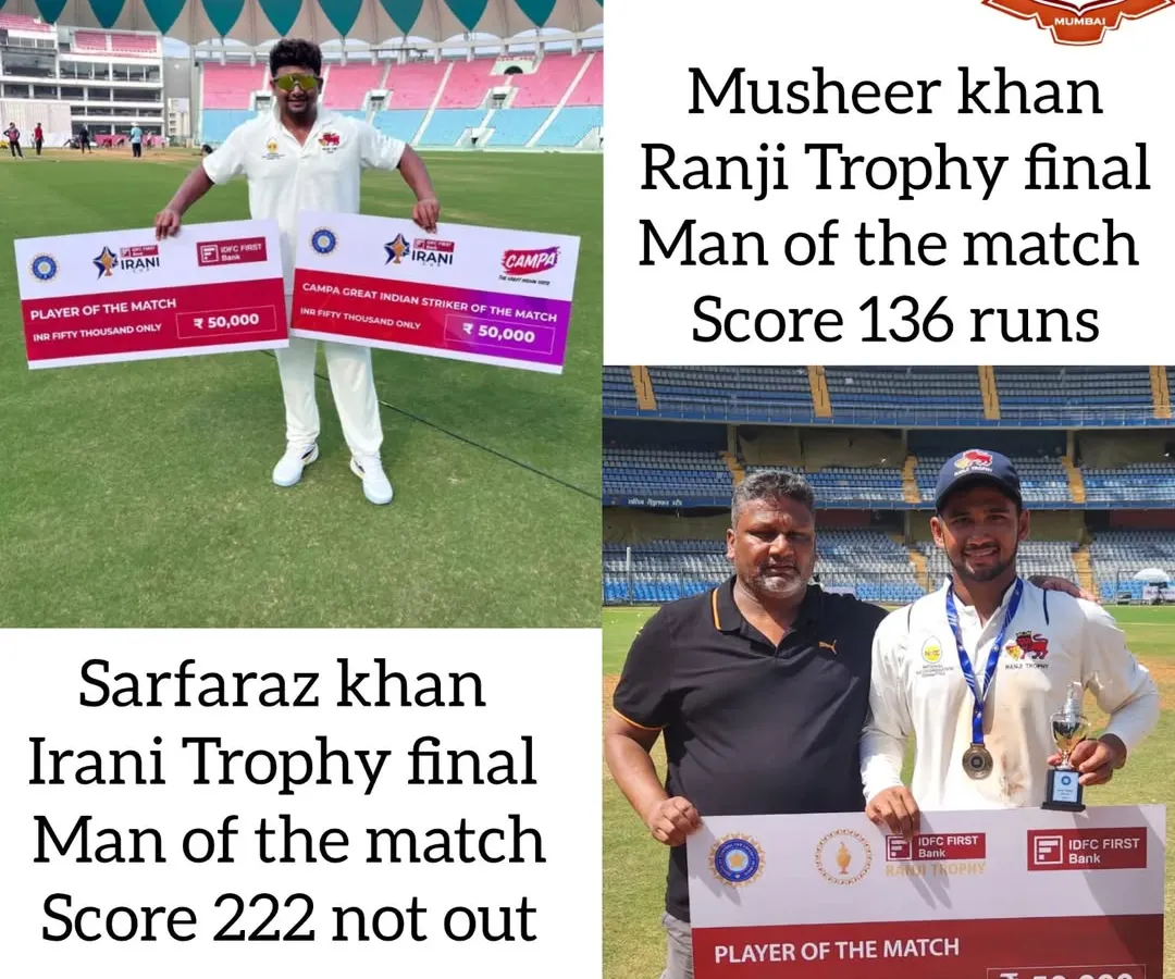 The results of our hard work and dedication, written in big letters. I am immensely proud of my boys, Sarfaraz and Musheer, for their Man of the Match performances in the Irani and Ranji Trophy finals. This is what happens when you respect the process.