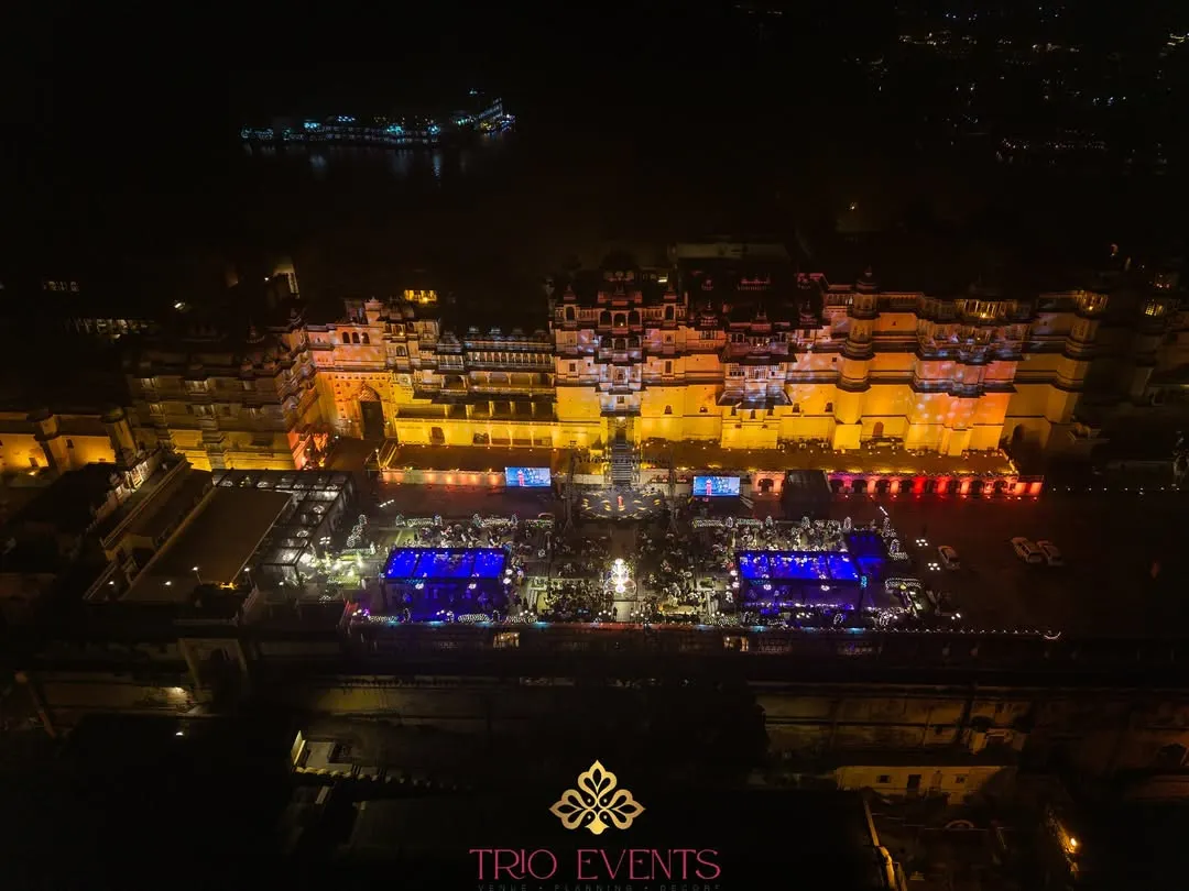 I specialize in executing weddings on a magnificent scale, transforming entire heritage properties like Udaipur's City Palace into a breathtaking backdrop for your love story. This aerial view captures the sheer grandeur of a Sangeet night I planned.