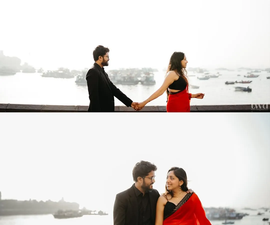 A diptych capturing a couple's quiet romance at the Gateway of India. The top frame shows them holding hands against the sea, while the bottom frame is an intimate portrait of them sitting together, sharing a gentle look.