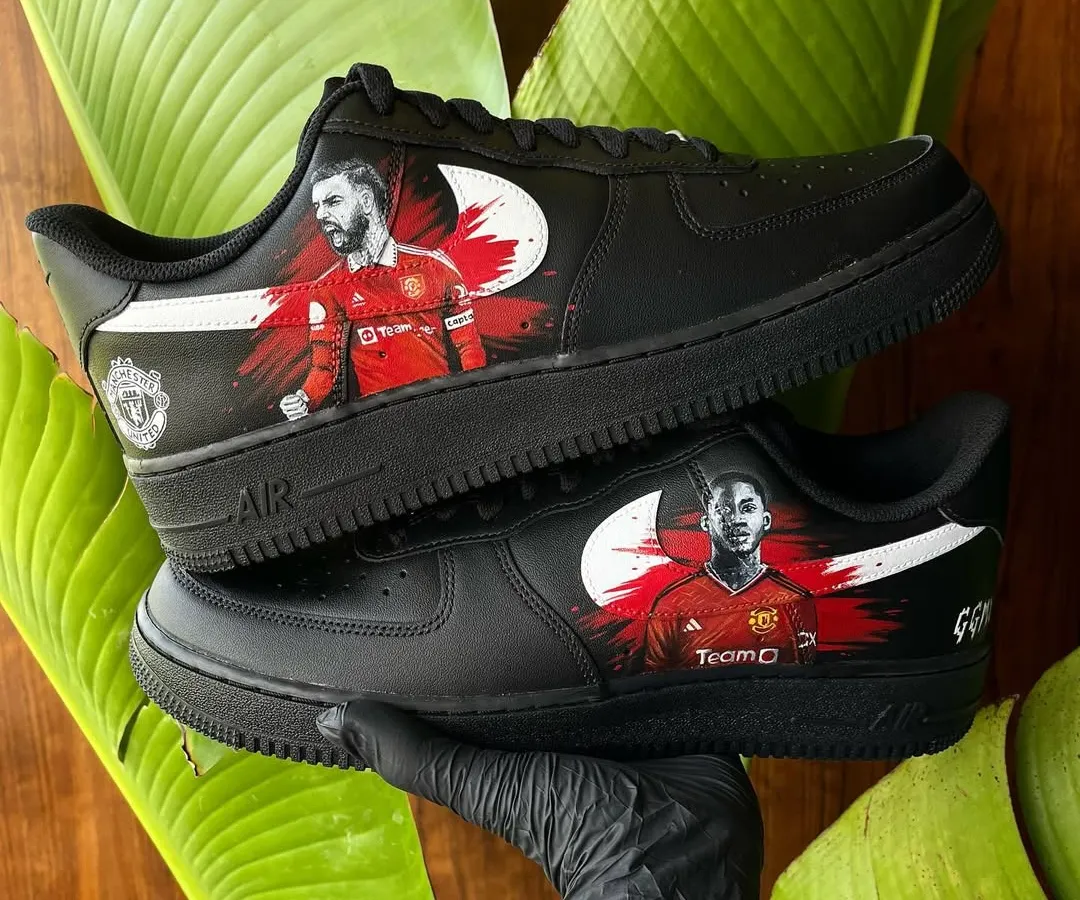 For all the Manchester United fans out there. This pair of custom black Nike Air Force 1s features detailed portraits of Bruno Fernandes and Kobbie Mainoo, complete with the team crest. I use high-quality Angelus paints to make sure the art is durable and vibrant.