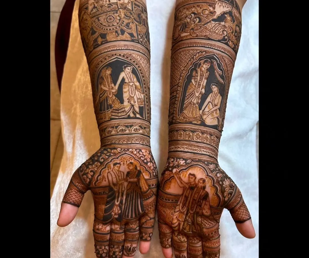 I love creating a full narrative on the arms. This bridal mehendi features multiple scenes from the wedding procession and key rituals, telling a complete story from the palms to the elbows.