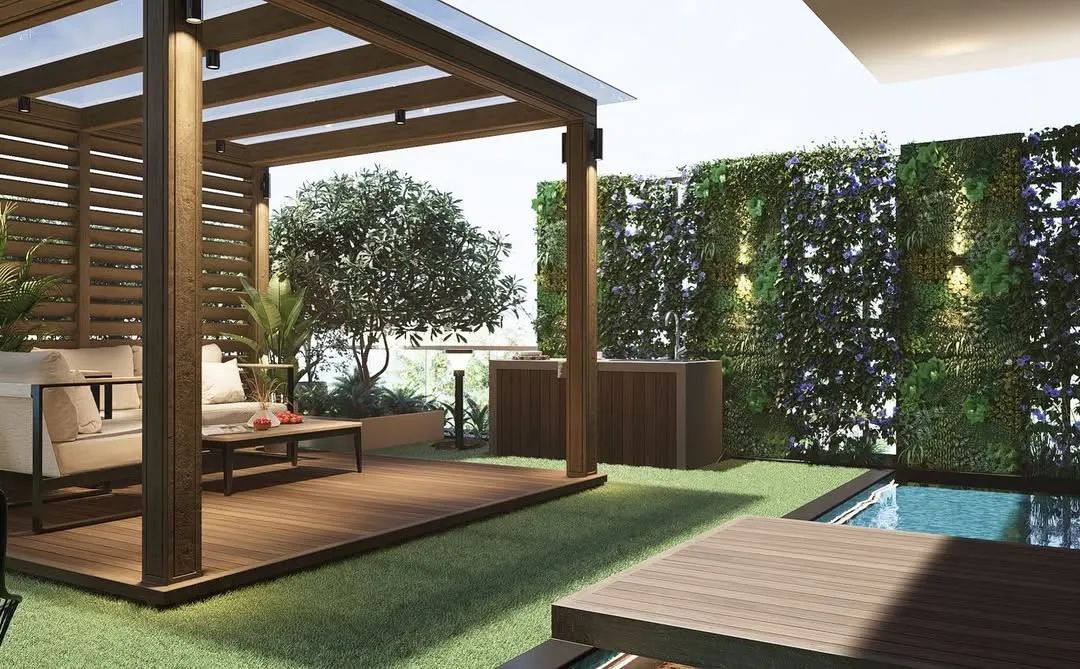 This 3D render shows our design for a luxury apartment terrace in Khar. We conceptualized a complete outdoor living solution, including a wooden deck with a pergola for seating, a plunge pool, and a lush vertical garden, demonstrating how we maximize style and function in urban spaces.
