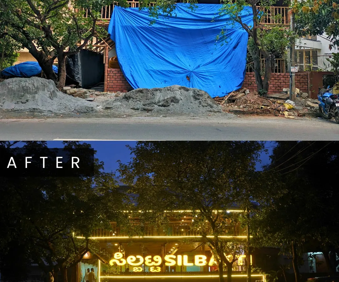 The power of transformation is at the heart of what I do. Here you can see how I turned a standard building facade into the striking, warmly lit entrance of the Silbatti bamboo restaurant. This before and after shot demonstrates my ability to execute a complete structural and aesthetic overhaul.